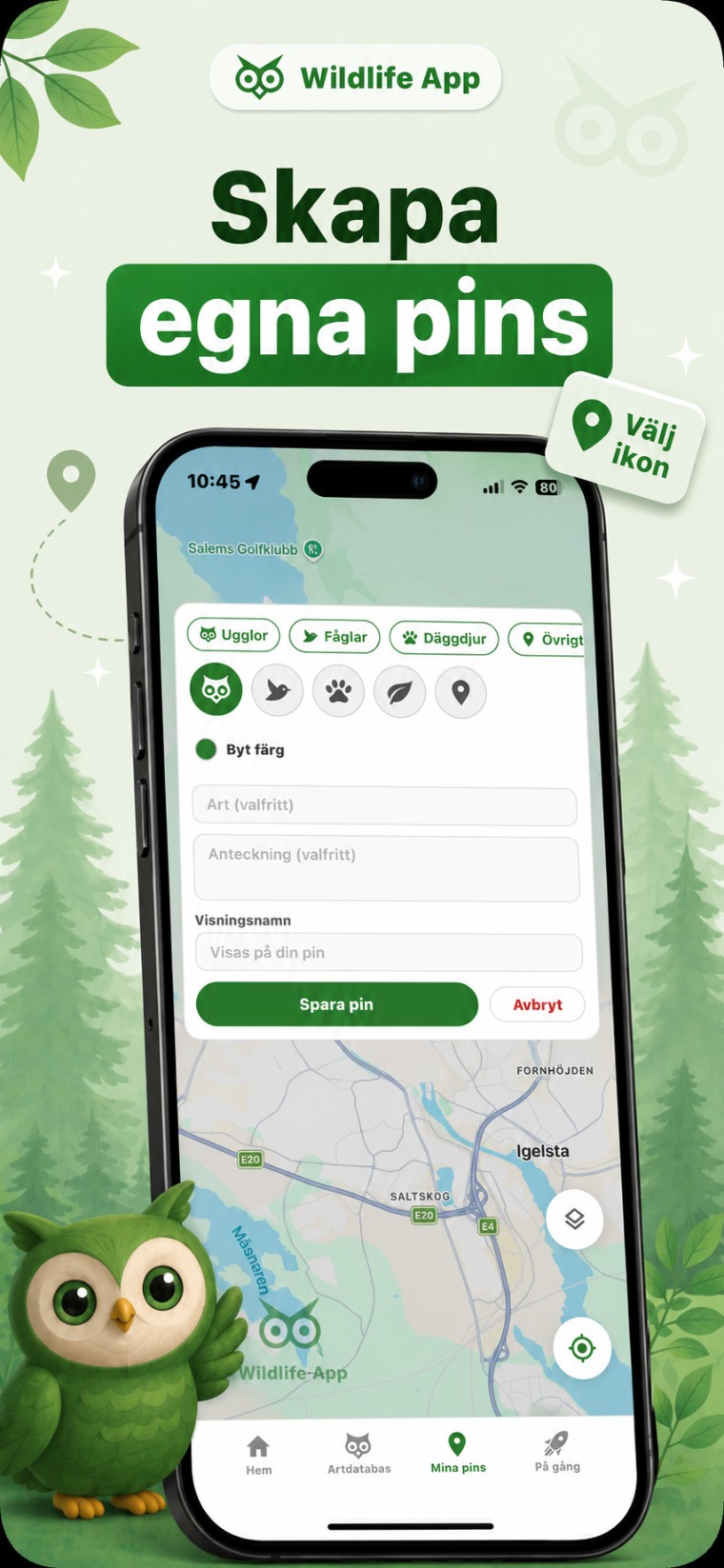 Wildlife App – skapa en egen pin med ikon, färg och namn