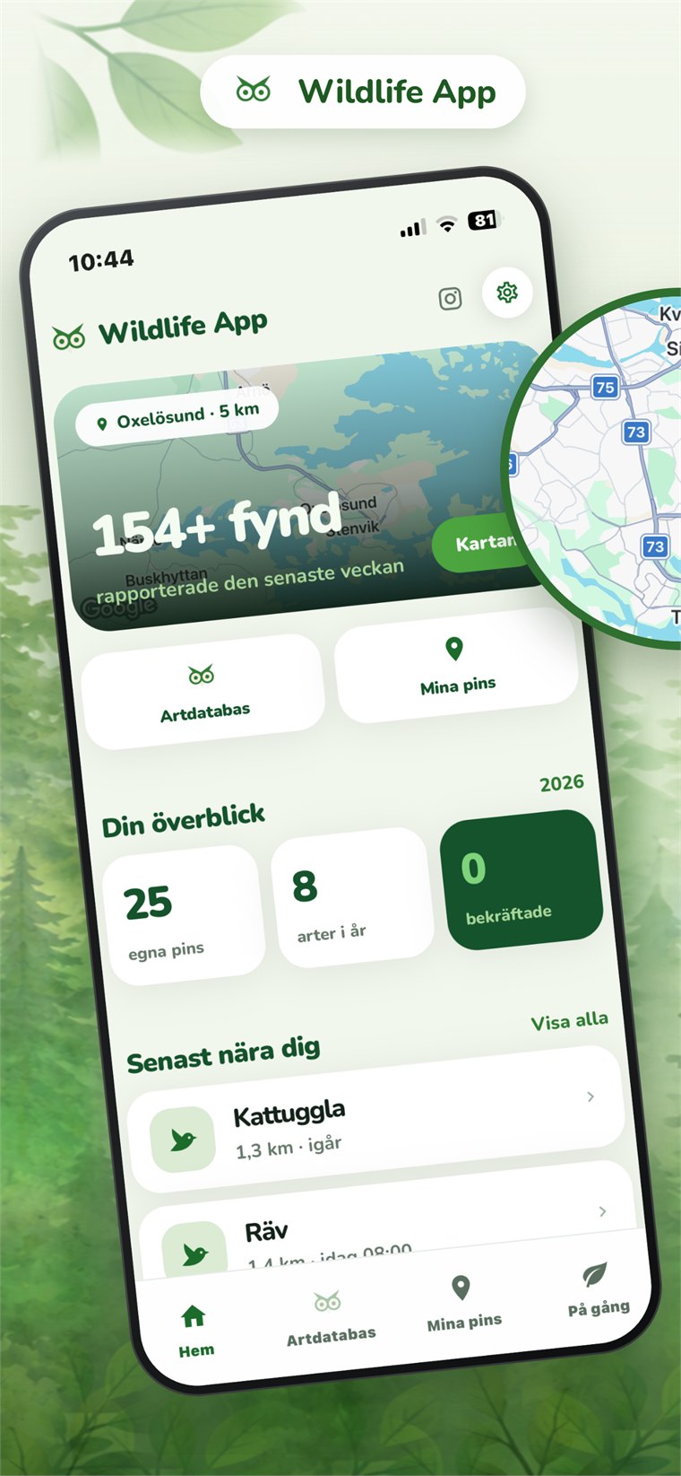 Wildlife App – uppdaterad hemskärm med fynd nära dig, Artdatabas och Mina pins