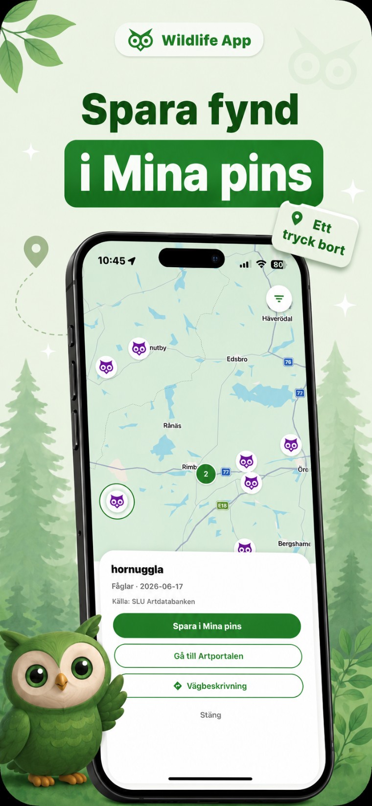 Wildlife App – detaljvy för en observation med källa SLU Artdatabanken